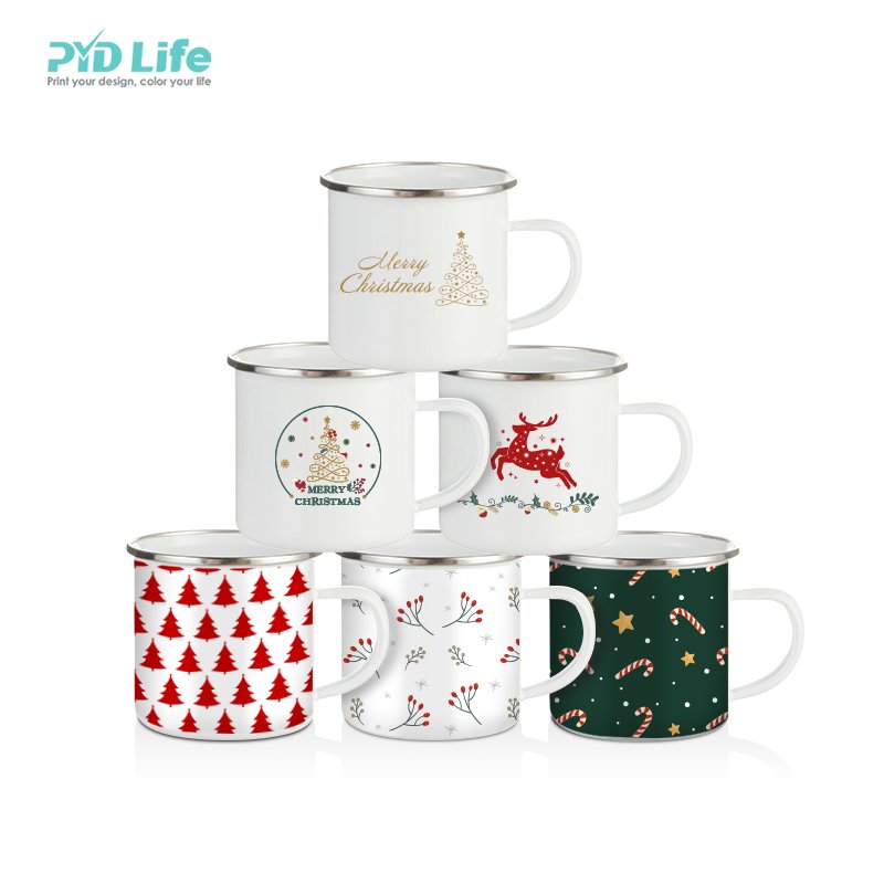 2022 PYD Life Hot Sale White 12 oz 350 ml Custom Metal Camping Outdoor Easter Enamel Mug with Stainless Steel Rim