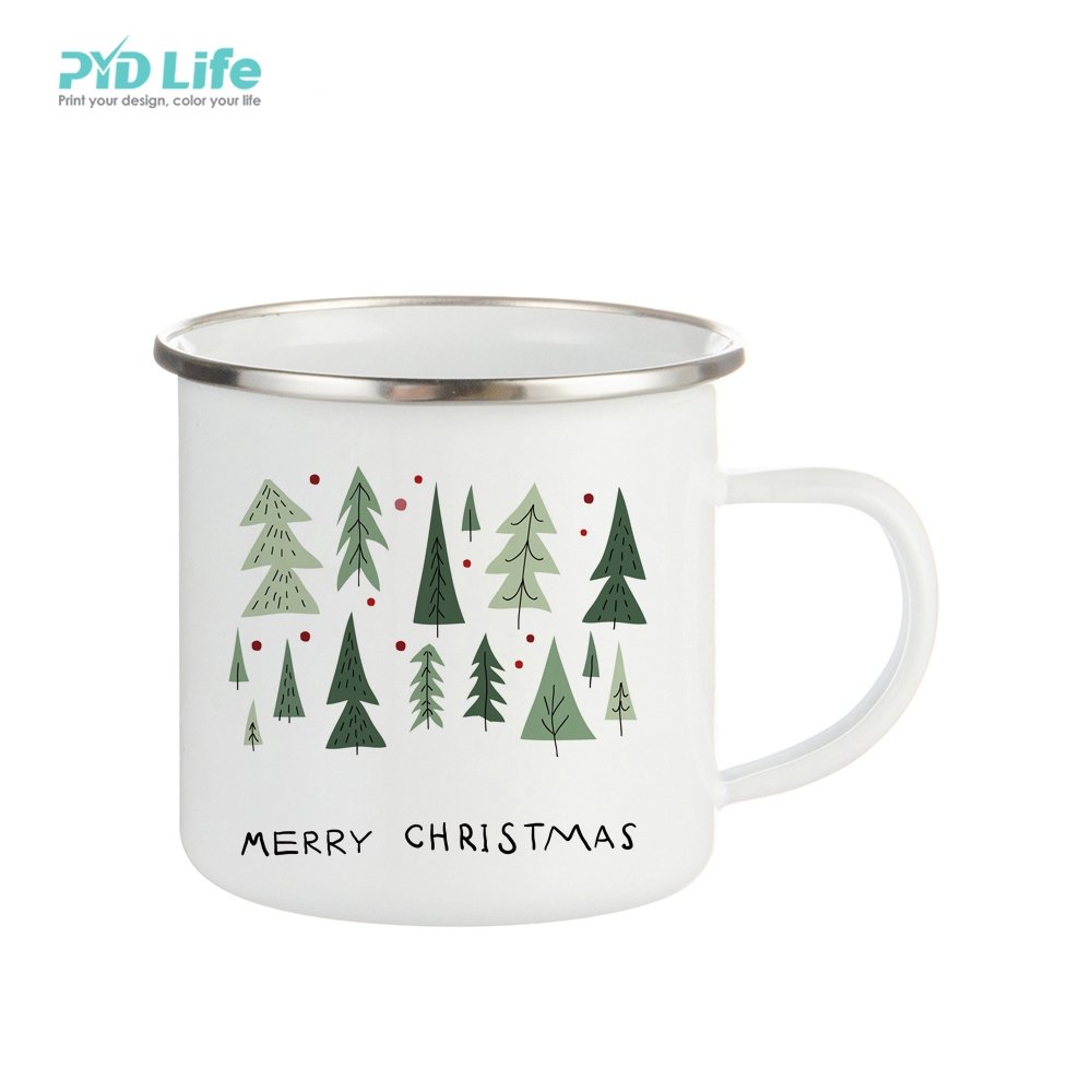 2022 PYD Life Hot Sale White 12 oz 350 ml Custom Metal Camping Outdoor Easter Enamel Mug with Stainless Steel Rim