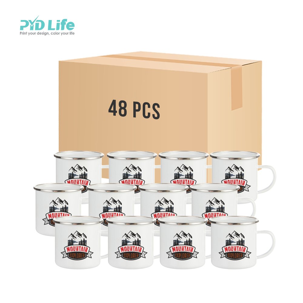 2022 PYD Life Hot Sale White 12 oz 350 ml Custom Metal Camping Outdoor Easter Enamel Mug with Stainless Steel Rim