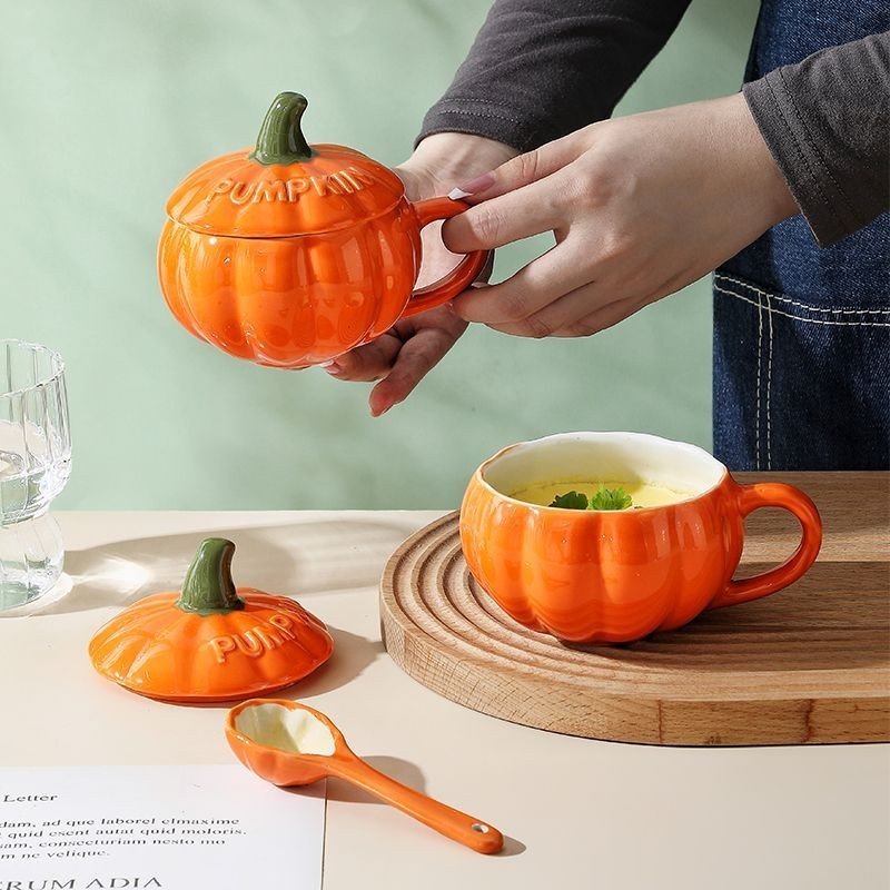Halloween Accessories Pumpkin Creative Tableware Wholesale Milk Coffee Cup Breakfast Oatmeal Ceramic Mug With Spoon Lid
