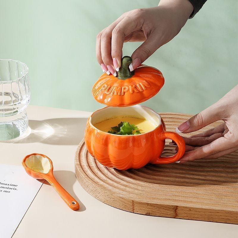 Halloween Accessories Pumpkin Creative Tableware Wholesale Milk Coffee Cup Breakfast Oatmeal Ceramic Mug With Spoon Lid