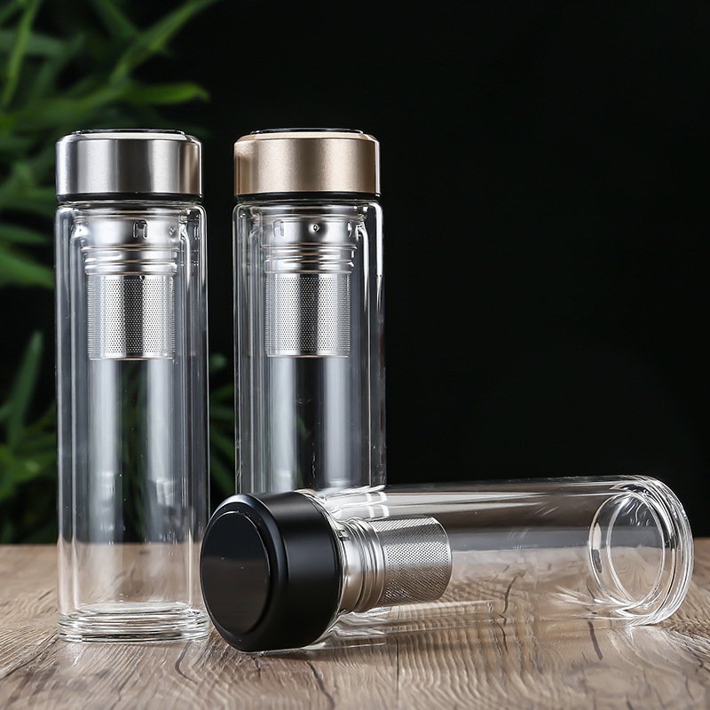 JM Food Grade Vacuum Flasks & Thermoses Clear Double Wall Glass Water Bottle Tea and Water Separation Cup with Tea Infuser