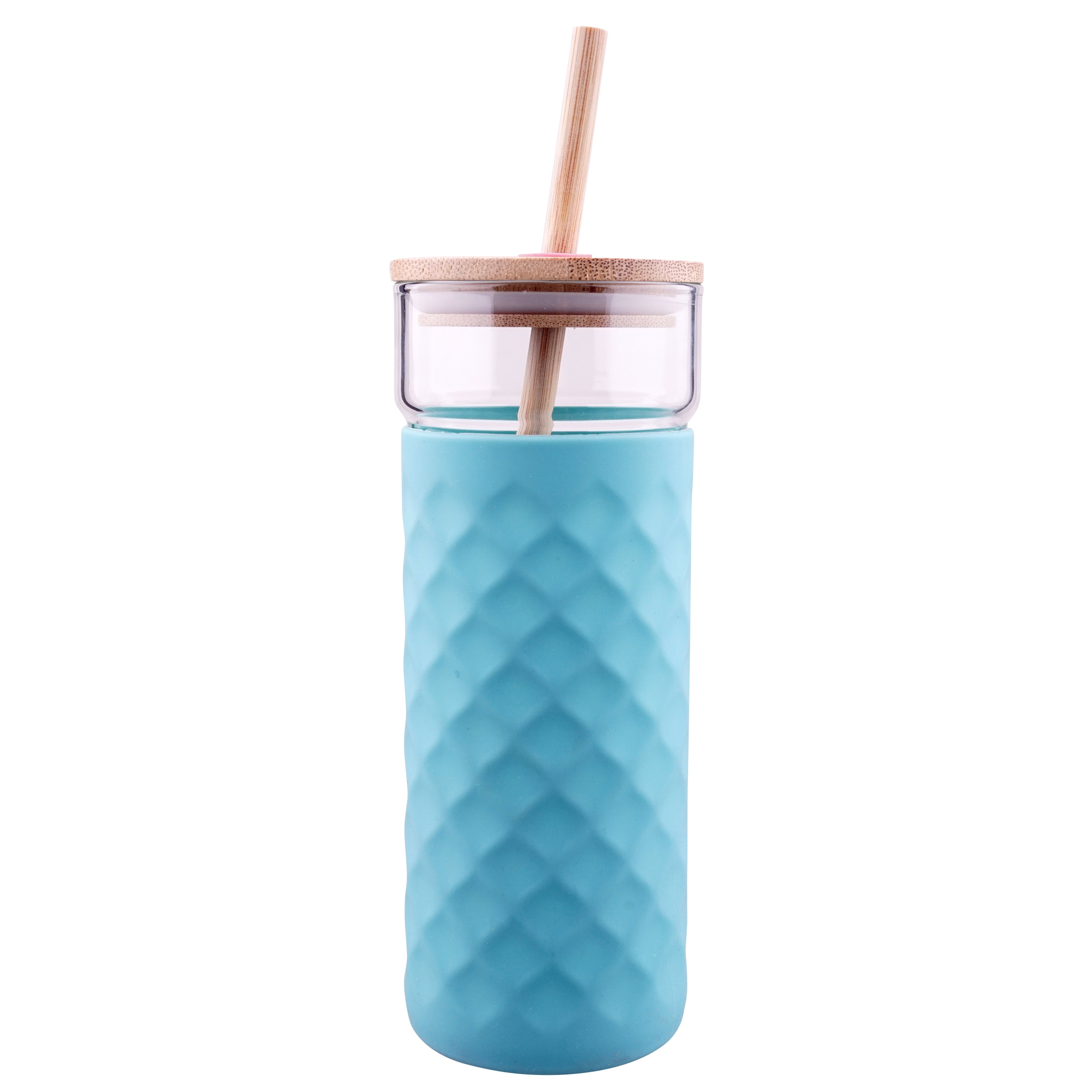 Clean travel car cup 500ml borosilicate glass mug with candy color silicone sleeve and bamboo straws