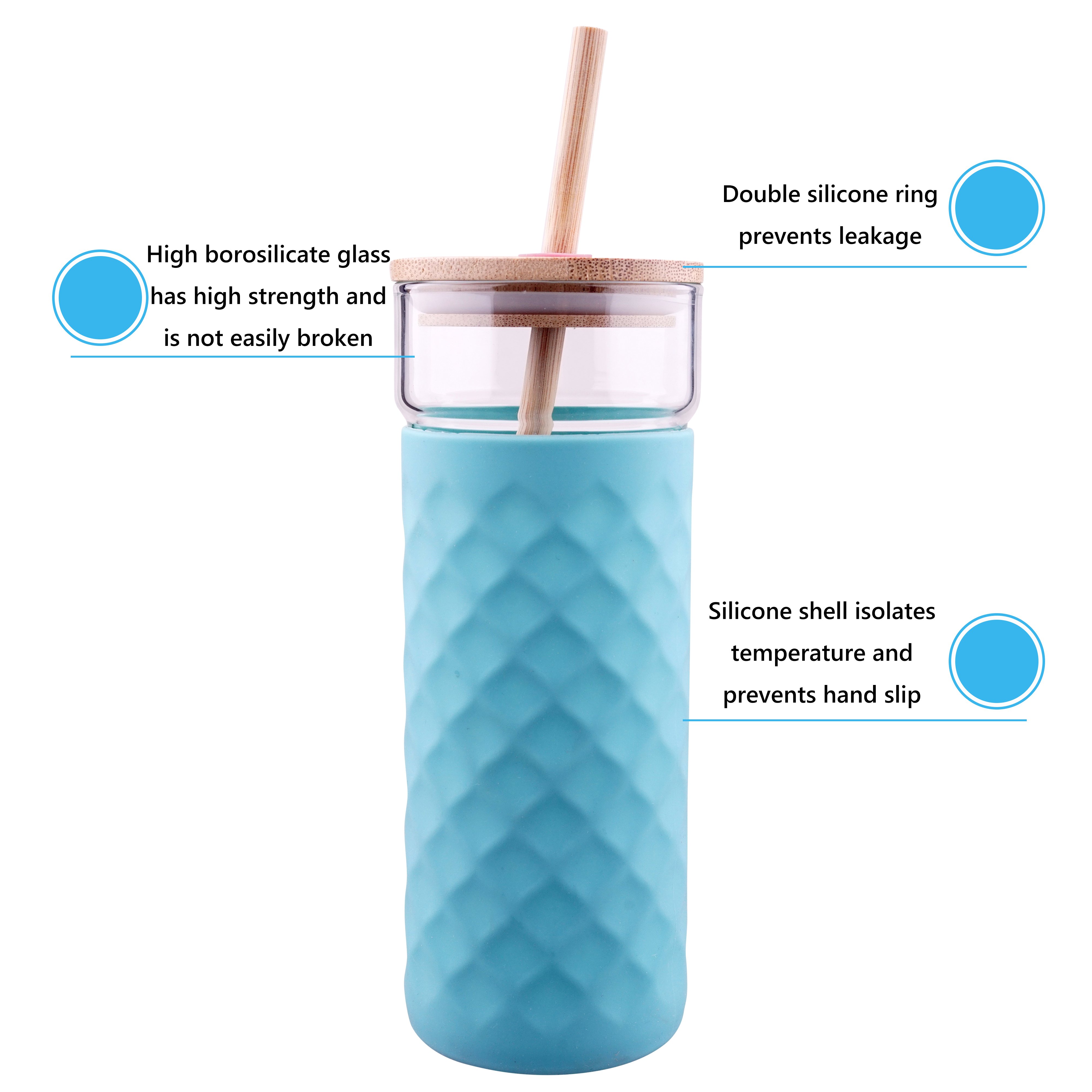Clean travel car cup 500ml borosilicate glass mug with candy color silicone sleeve and bamboo straws