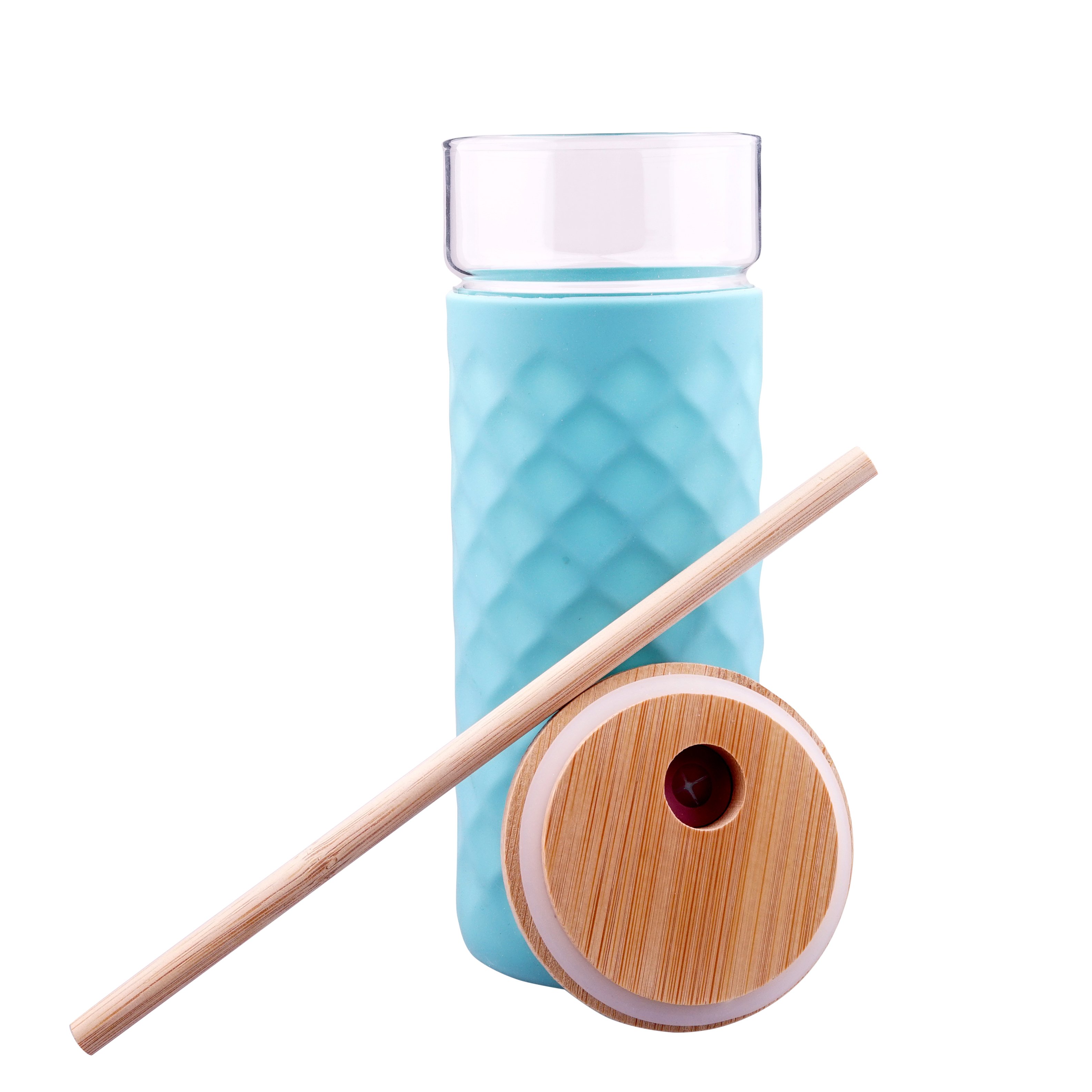 Clean travel car cup 500ml borosilicate glass mug with candy color silicone sleeve and bamboo straws