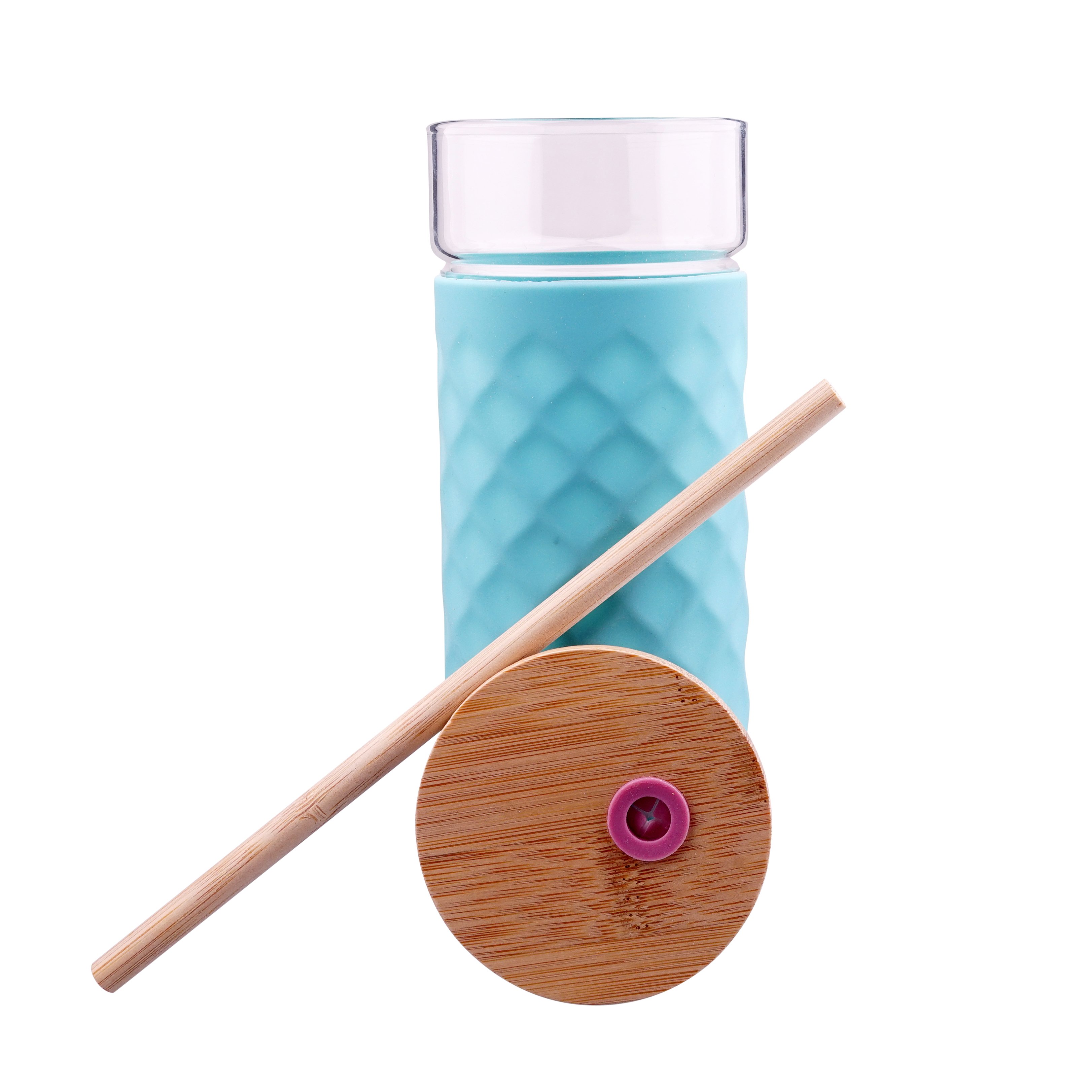 Clean travel car cup 500ml borosilicate glass mug with candy color silicone sleeve and bamboo straws