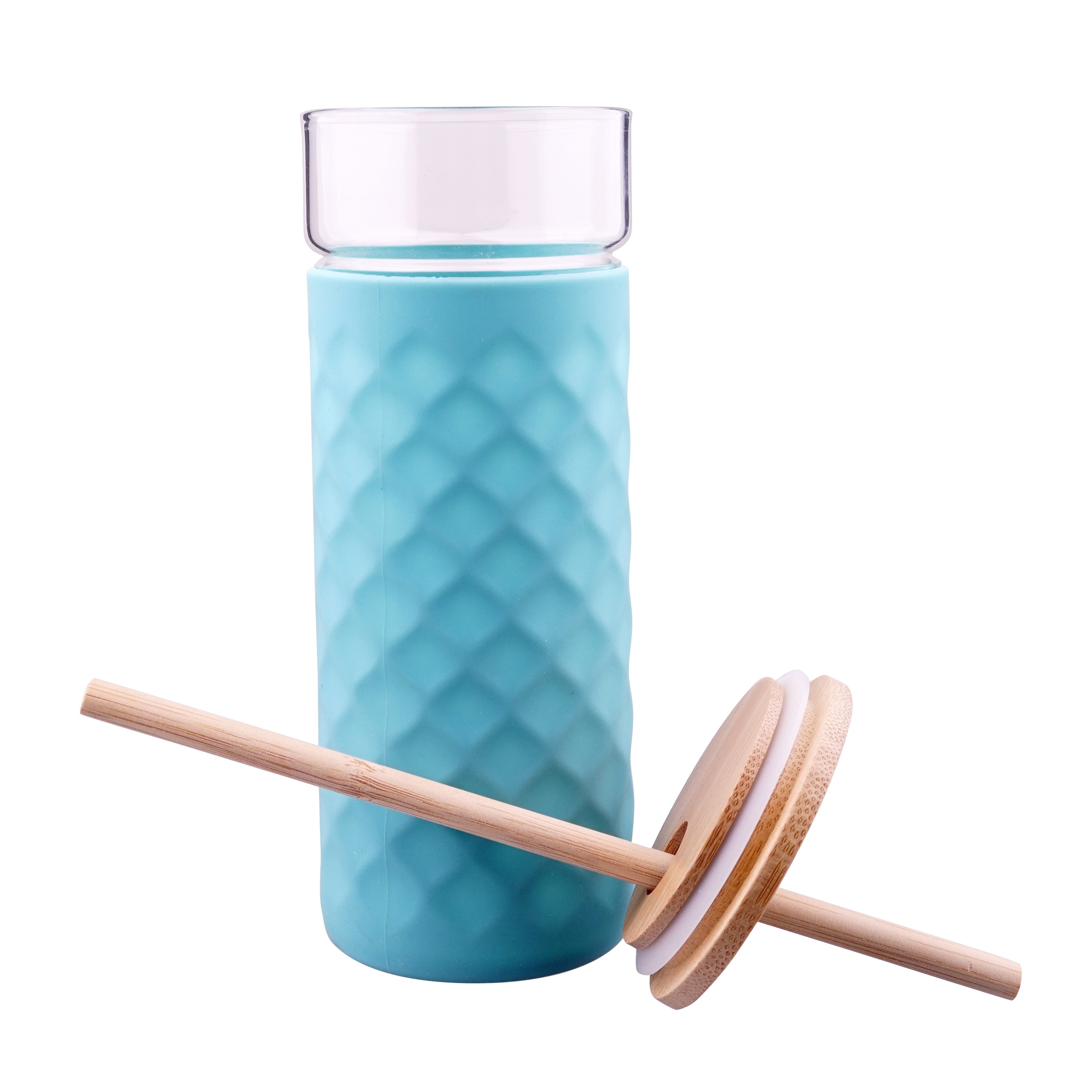 Clean travel car cup 500ml borosilicate glass mug with candy color silicone sleeve and bamboo straws