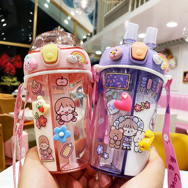 Portable Dual Straw Fancy Plastic Water Bottles Double Drink Cup Children's Cute Straw Cup Kids Plastic Drink Water Bottle