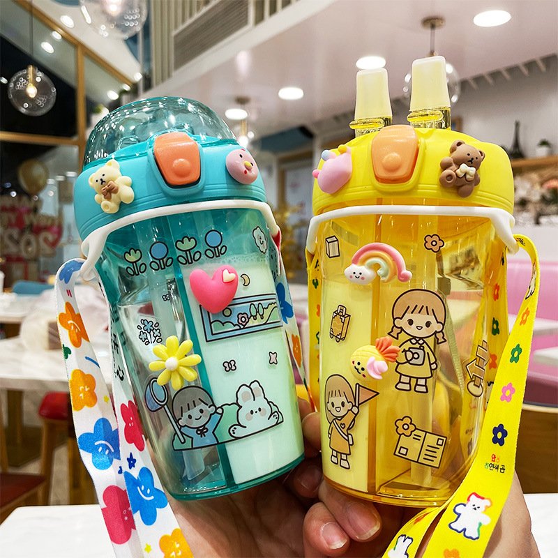 Portable Dual Straw Fancy Plastic Water Bottles Double Drink Cup Children's Cute Straw Cup Kids Plastic Drink Water Bottle
