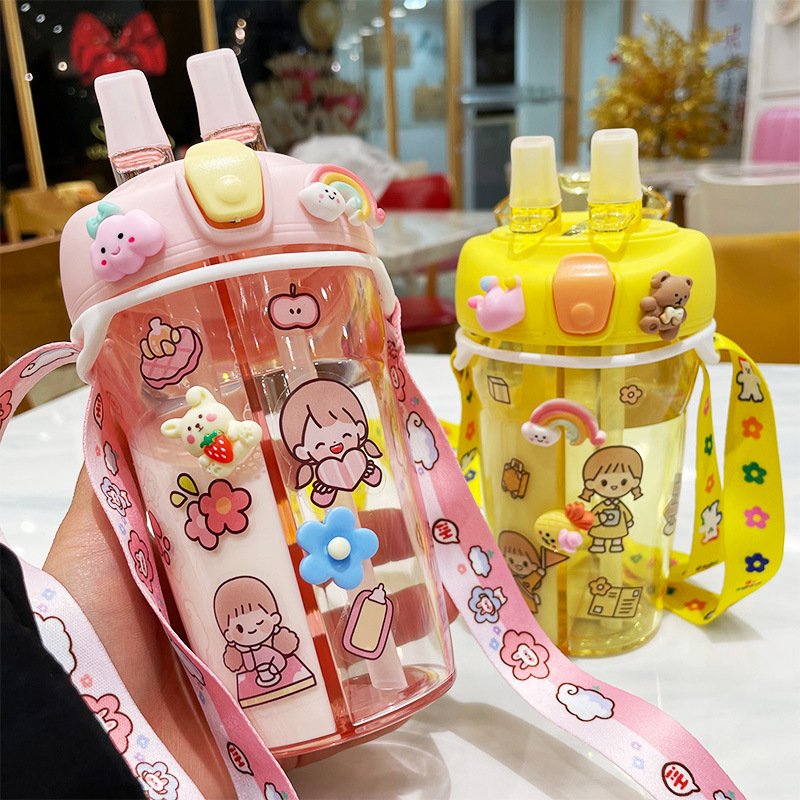 Portable Dual Straw Fancy Plastic Water Bottles Double Drink Cup Children's Cute Straw Cup Kids Plastic Drink Water Bottle