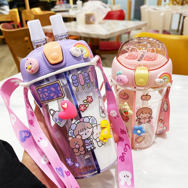 Portable Dual Straw Fancy Plastic Water Bottles Double Drink Cup Children's Cute Straw Cup Kids Plastic Drink Water Bottle
