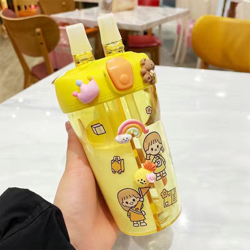 Portable Dual Straw Fancy Plastic Water Bottles Double Drink Cup Children's Cute Straw Cup Kids Plastic Drink Water Bottle
