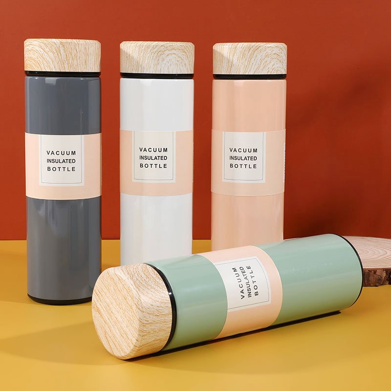 Custom Print Water Bottle Stainless Steel Vacuum Flask Thermal cup with Tea Infuser Wood Grain Lid Thermos bottle