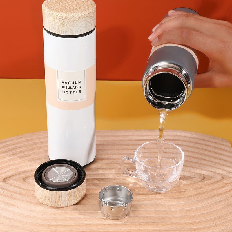 Custom Print Water Bottle Stainless Steel Vacuum Flask Thermal cup with Tea Infuser Wood Grain Lid Thermos bottle