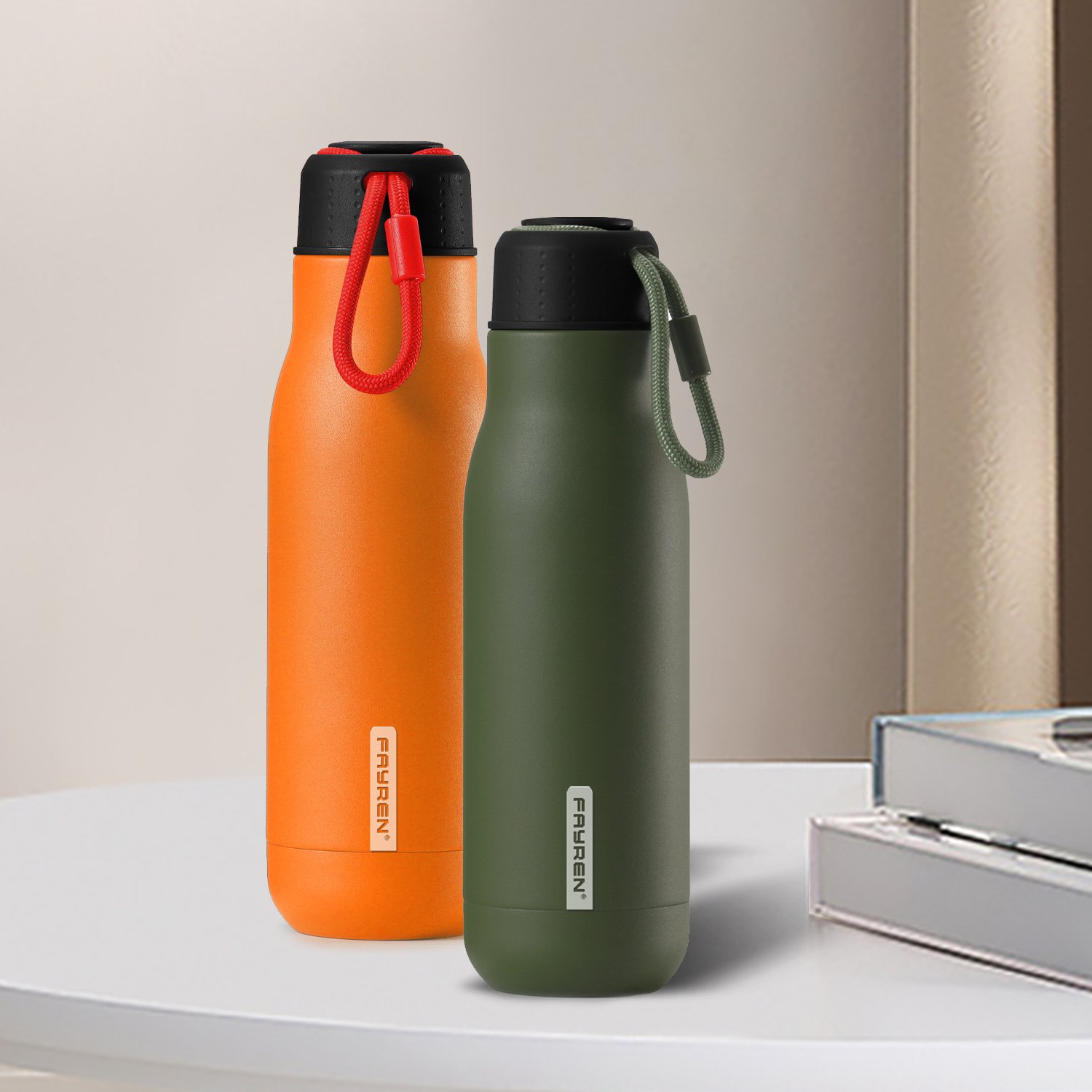 FAYREN Vacuum Flask Thermoses with Rope Portable Double Wall 304 Stainless Steel Water Bottle Minimalist Outdoor Sports