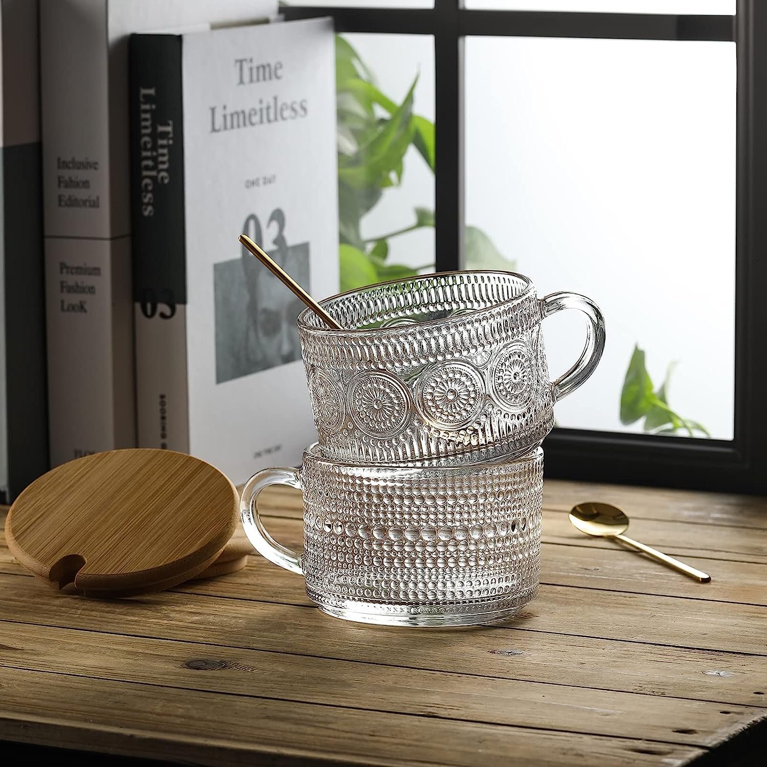 Vintage Coffee Mugs Containers with Bamboo Lids and Spoons Clear Embossed Glass Cups Cute Coffee Bar Accessories