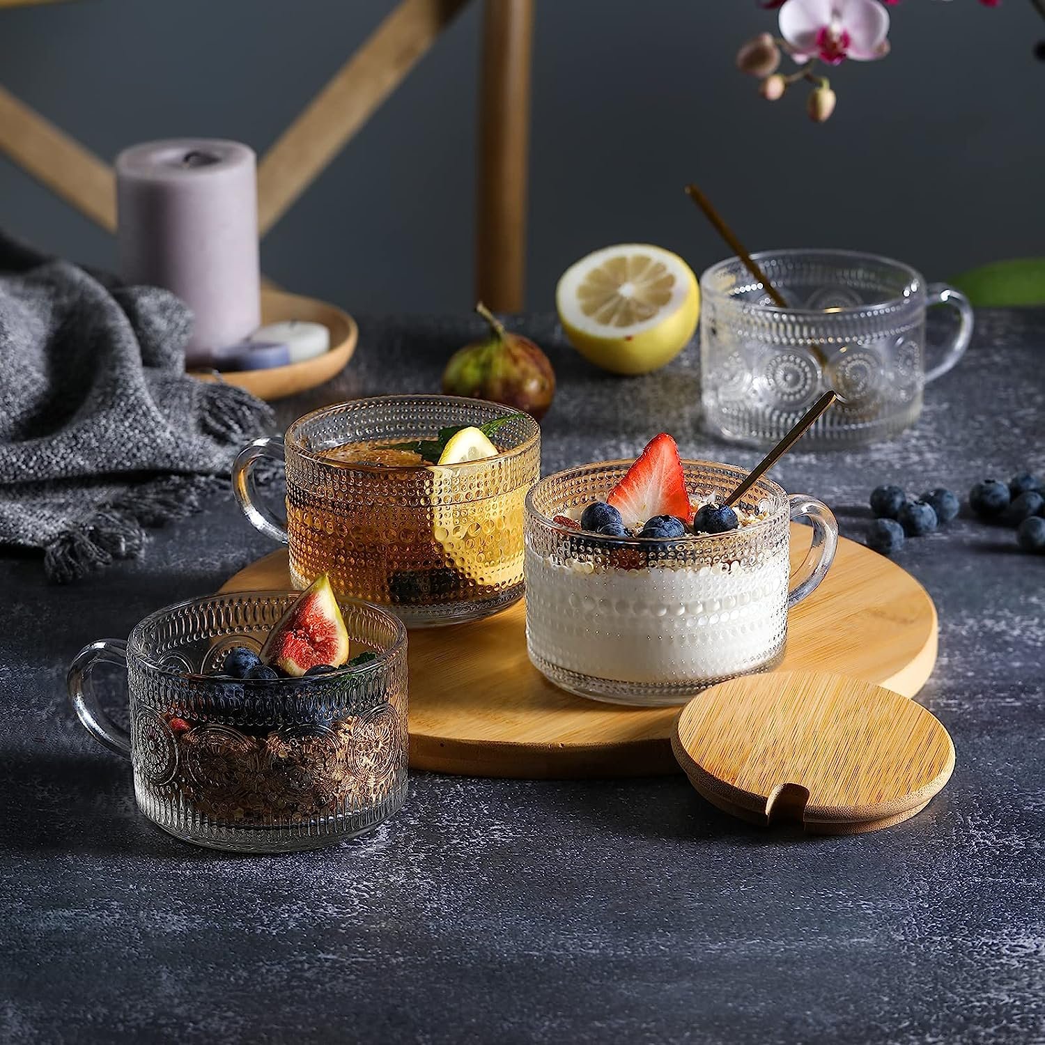 Vintage Coffee Mugs Containers with Bamboo Lids and Spoons Clear Embossed Glass Cups Cute Coffee Bar Accessories