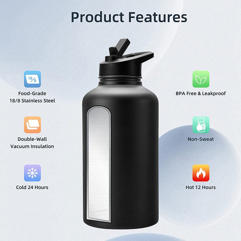 BPA FREE Reusable Fitness Gym vacuum Stainless Steel insulated 64 OZ Water bottle with parachute cord