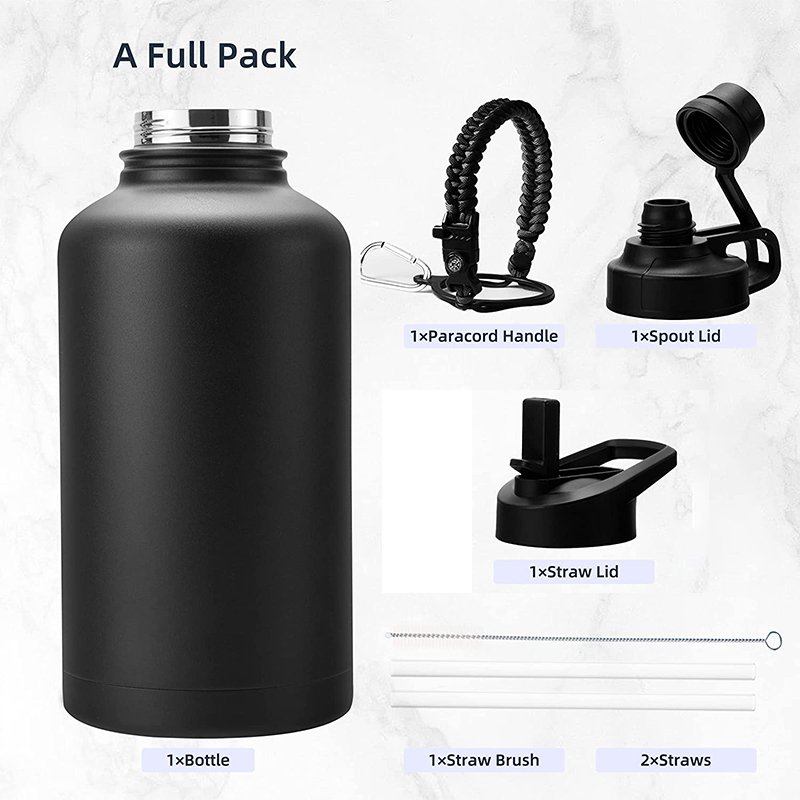 BPA FREE Reusable Fitness Gym vacuum Stainless Steel insulated 64 OZ Water bottle with parachute cord