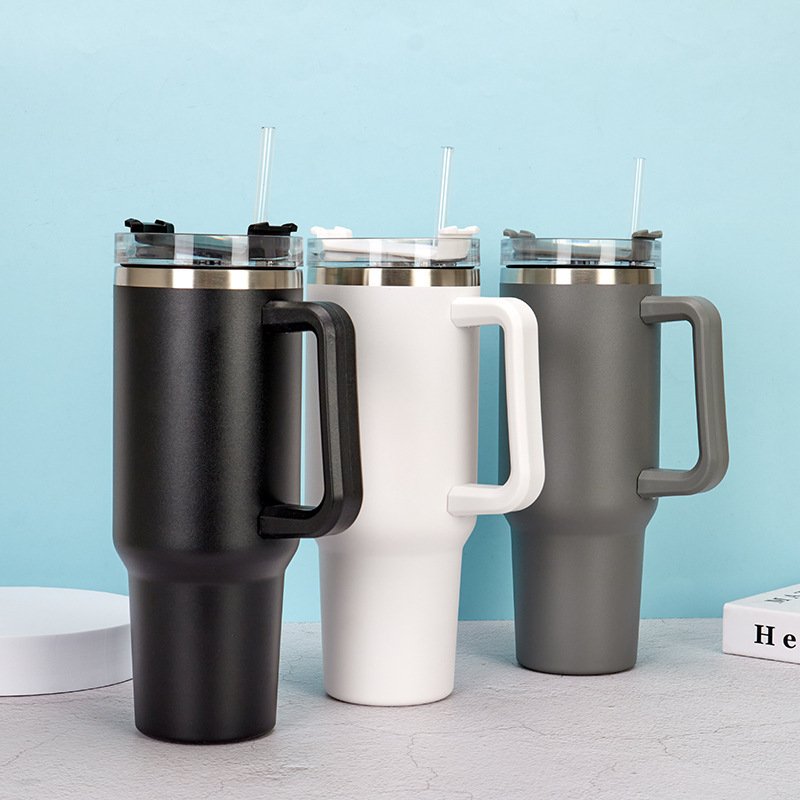 40oz Embellished Coffee Mug Stylish With Handle Lid Straw Tumbler Drinkware Thermos Stainless Steel Vacuum Cup