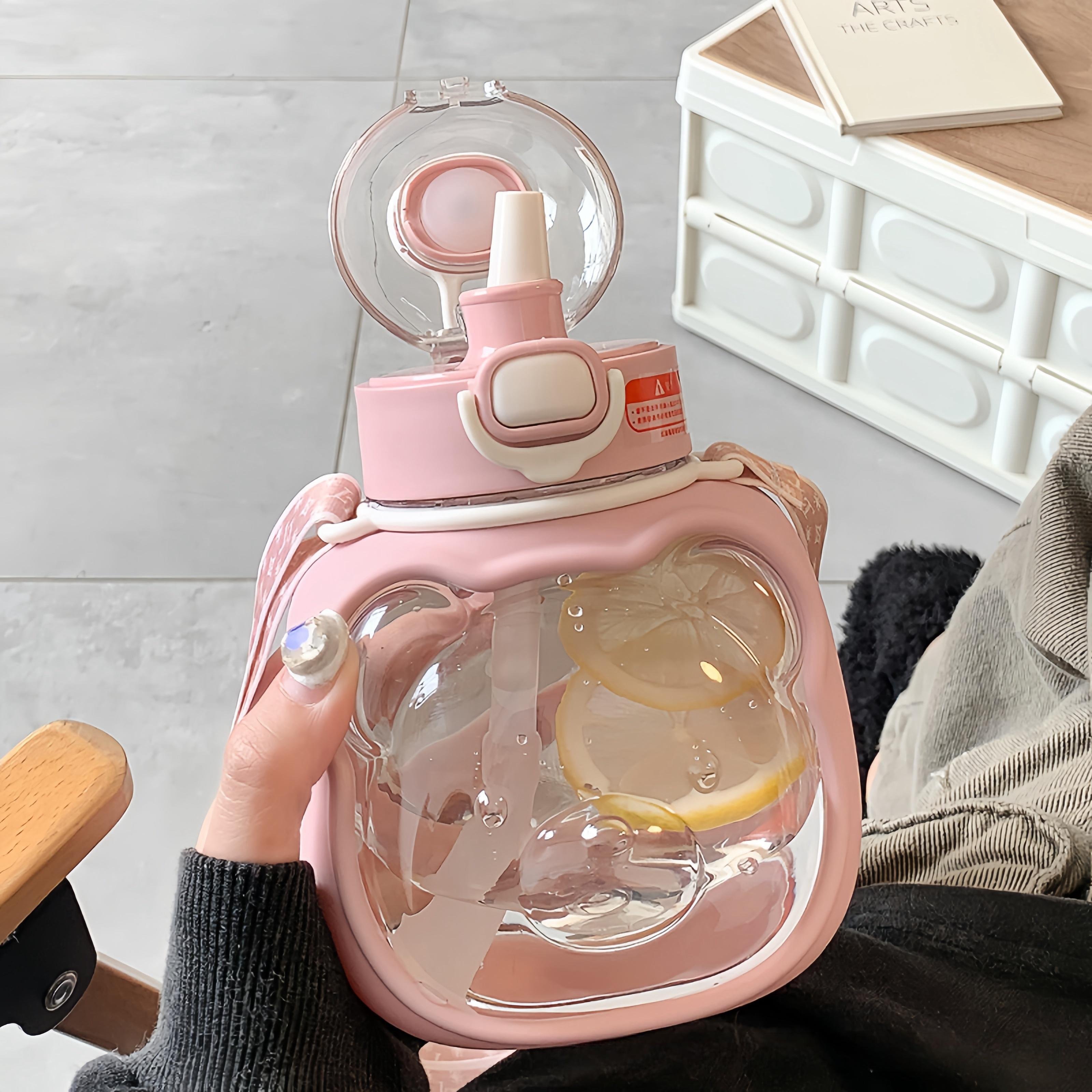 New large capacity plastic water bottle cartoon cute bear water cup with lid straw drinkware