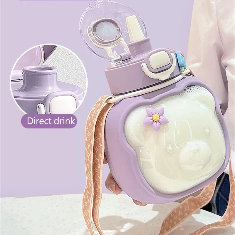 New large capacity plastic water bottle cartoon cute bear water cup with lid straw drinkware