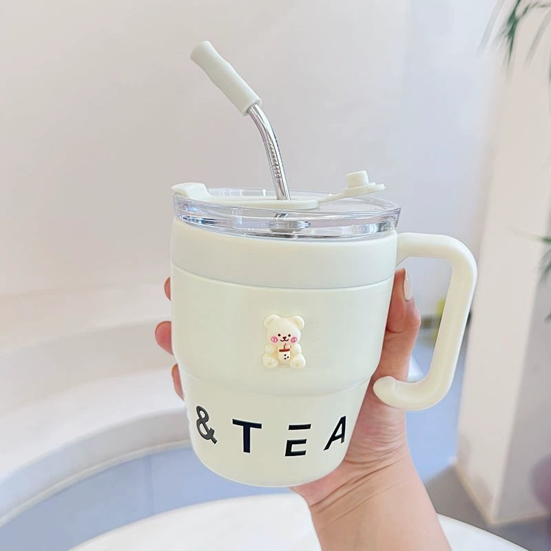 Seaygift Ins Simple New Creative Handle Stainless Steel Coffee Tumbler Mug Vacuum Insulated Thermos Tea Cup With Straw