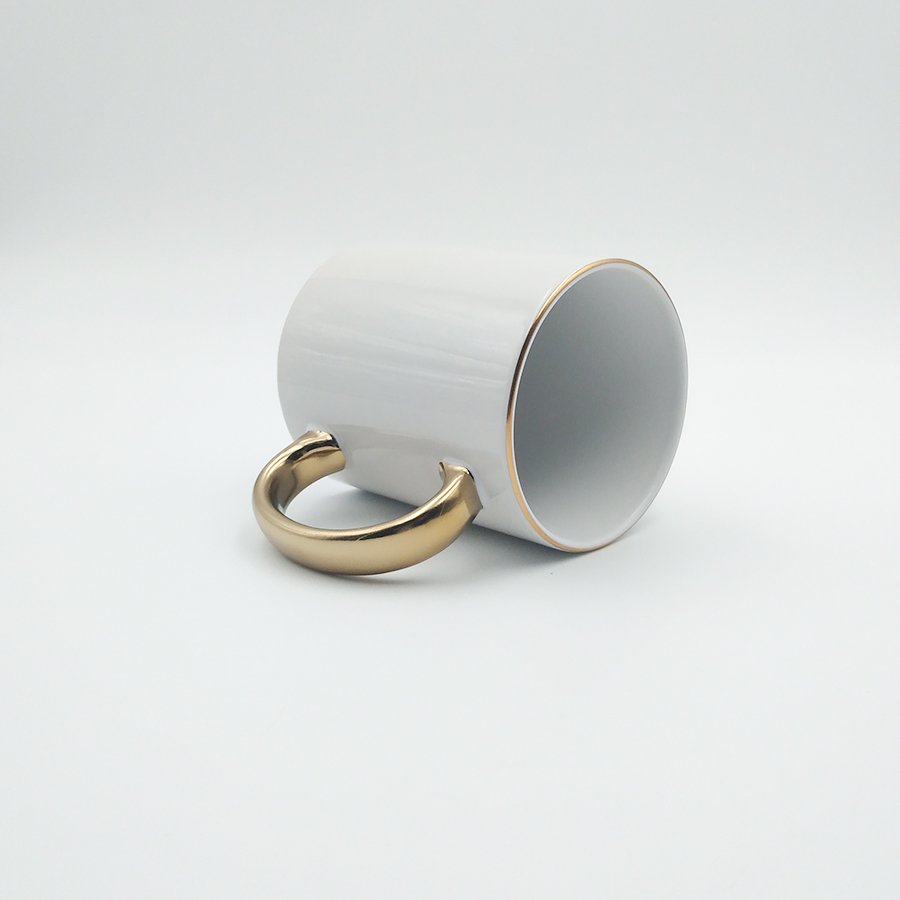 Wholesale Fancy Gift Sublimation 11oz White Mug With Gold Handle And Rim Custom Picture Sublimation Mug