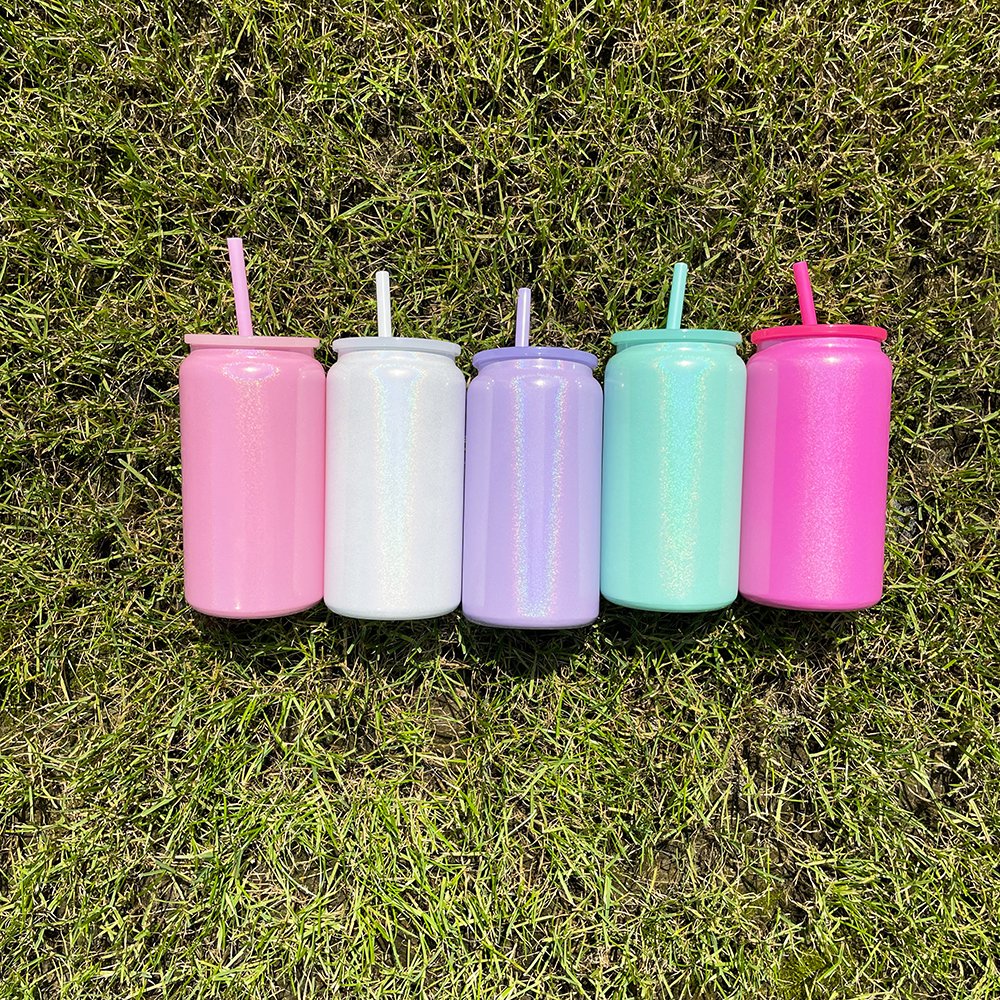 RTS USA 16oz shimmer glitter sublimation can stainless steel under drinking water bottle tumbler with lid straw for vinyl wraps