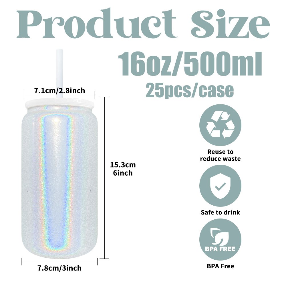 RTS USA 16oz shimmer glitter sublimation can stainless steel under drinking water bottle tumbler with lid straw for vinyl wraps