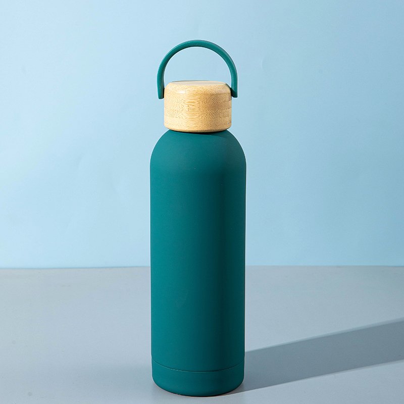 ready to ship 500 ml soft touch rubber coating sport water bottle stainless steel insulated vacuum flask with bamboo wooden cap