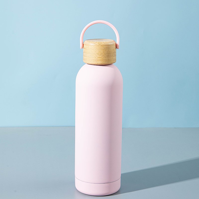 ready to ship 500 ml soft touch rubber coating sport water bottle stainless steel insulated vacuum flask with bamboo wooden cap