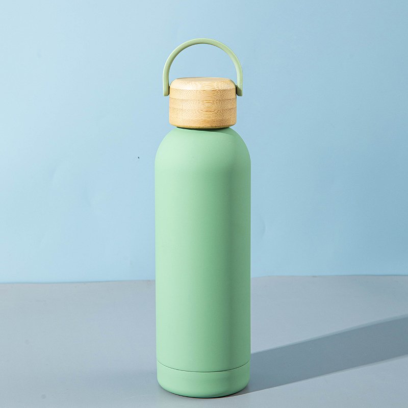ready to ship 500 ml soft touch rubber coating sport water bottle stainless steel insulated vacuum flask with bamboo wooden cap