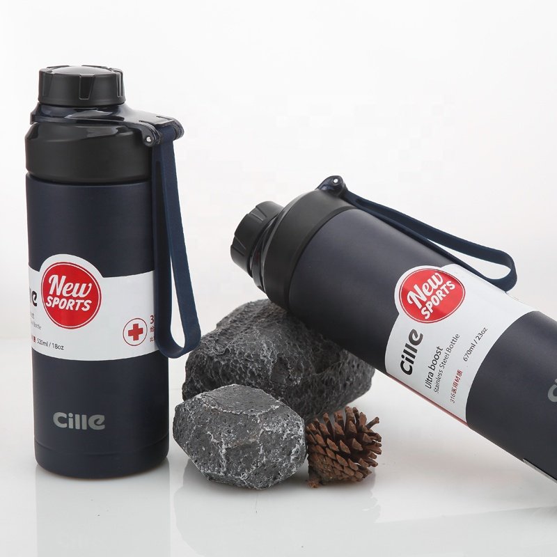 Cille 650 ML Insulated Water Bottle Sports Stainless Steel Double Wall Vacuum Flask Travel Mug with Silicone Handle
