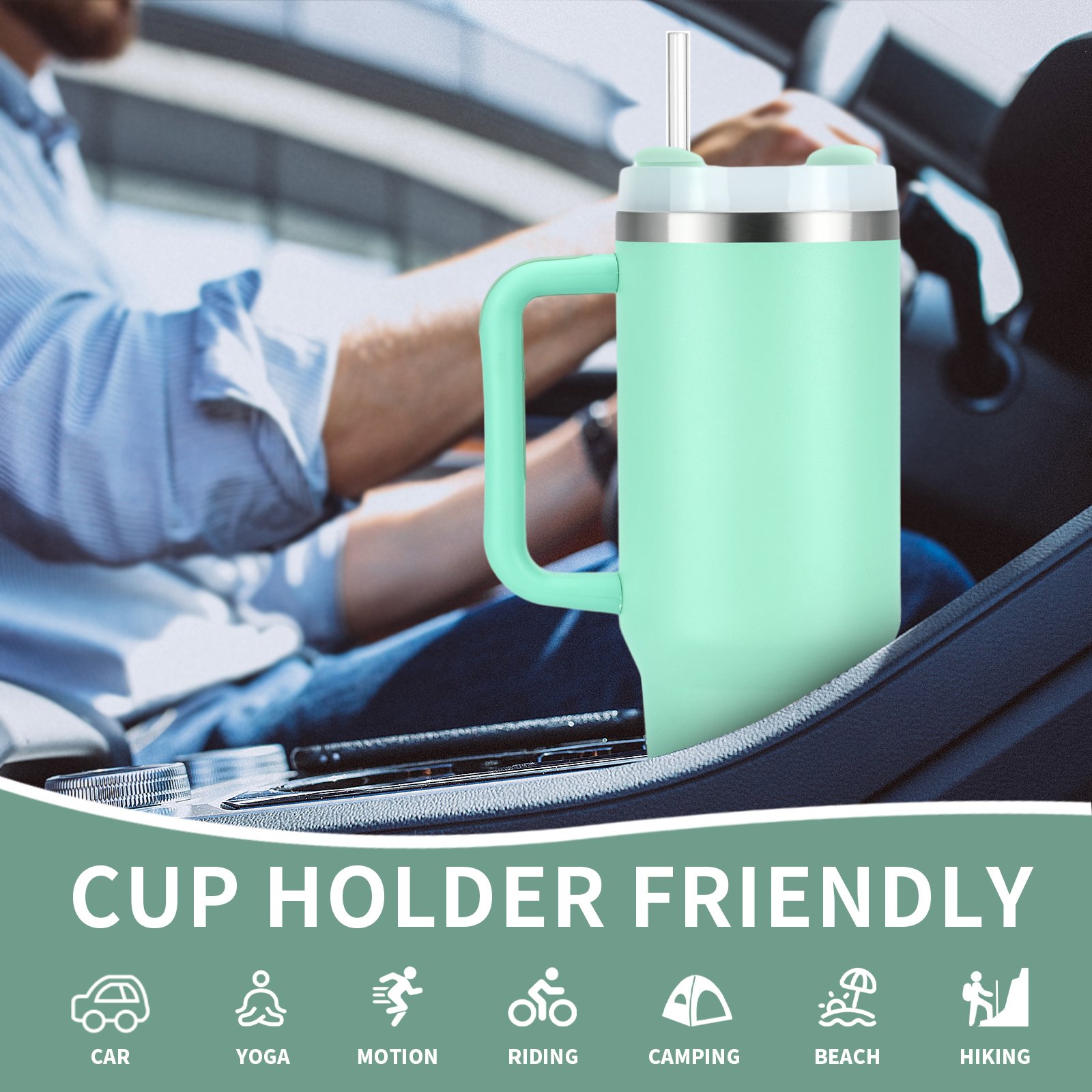 Watersy 40 OZ Stainless Steel insulated Vacuum Portable Outdoor Travel Tumbler Coffee Mug Cup With Handle And Plastic Straw