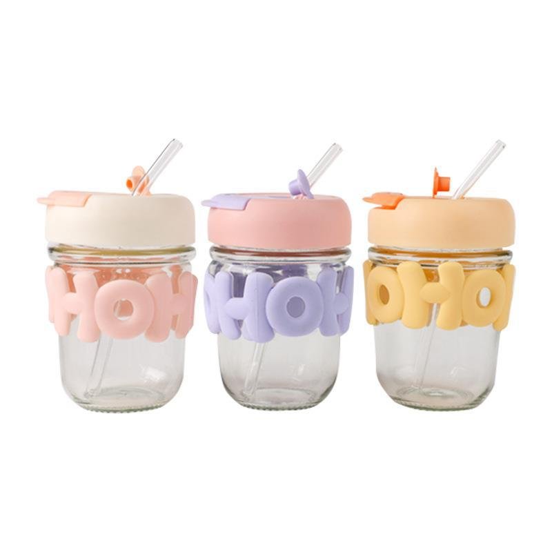 New High-value Cute Ins girls 350ml portable drinking cup heat-resistant travel glass water bottle with straw