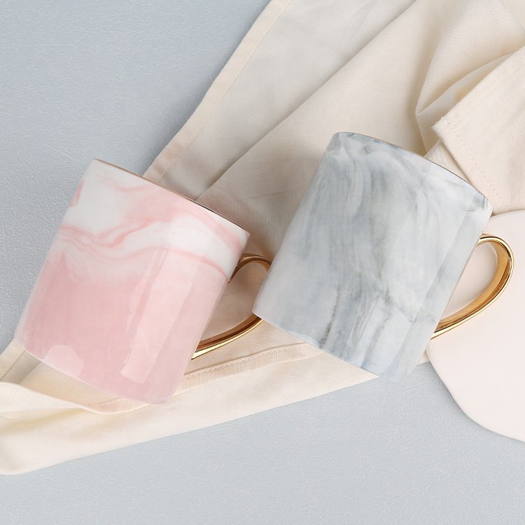 Gloway LOGO Nordic Style Golden Inlay Pink And Gray Fashion Latte Ceramic Mug Porcelain Tea Cup Sublimation Marble Coffee Mug