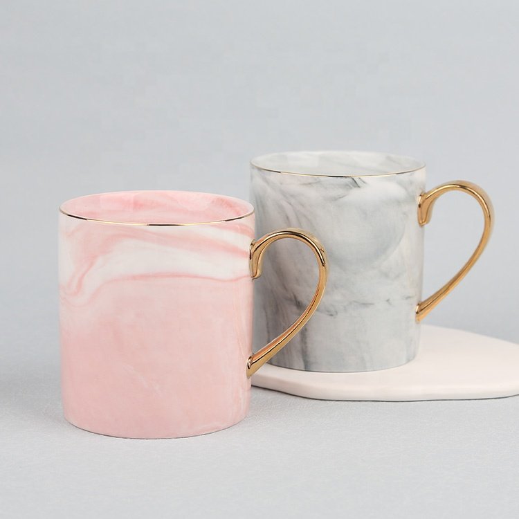 Gloway LOGO Nordic Style Golden Inlay Pink And Gray Fashion Latte Ceramic Mug Porcelain Tea Cup Sublimation Marble Coffee Mug