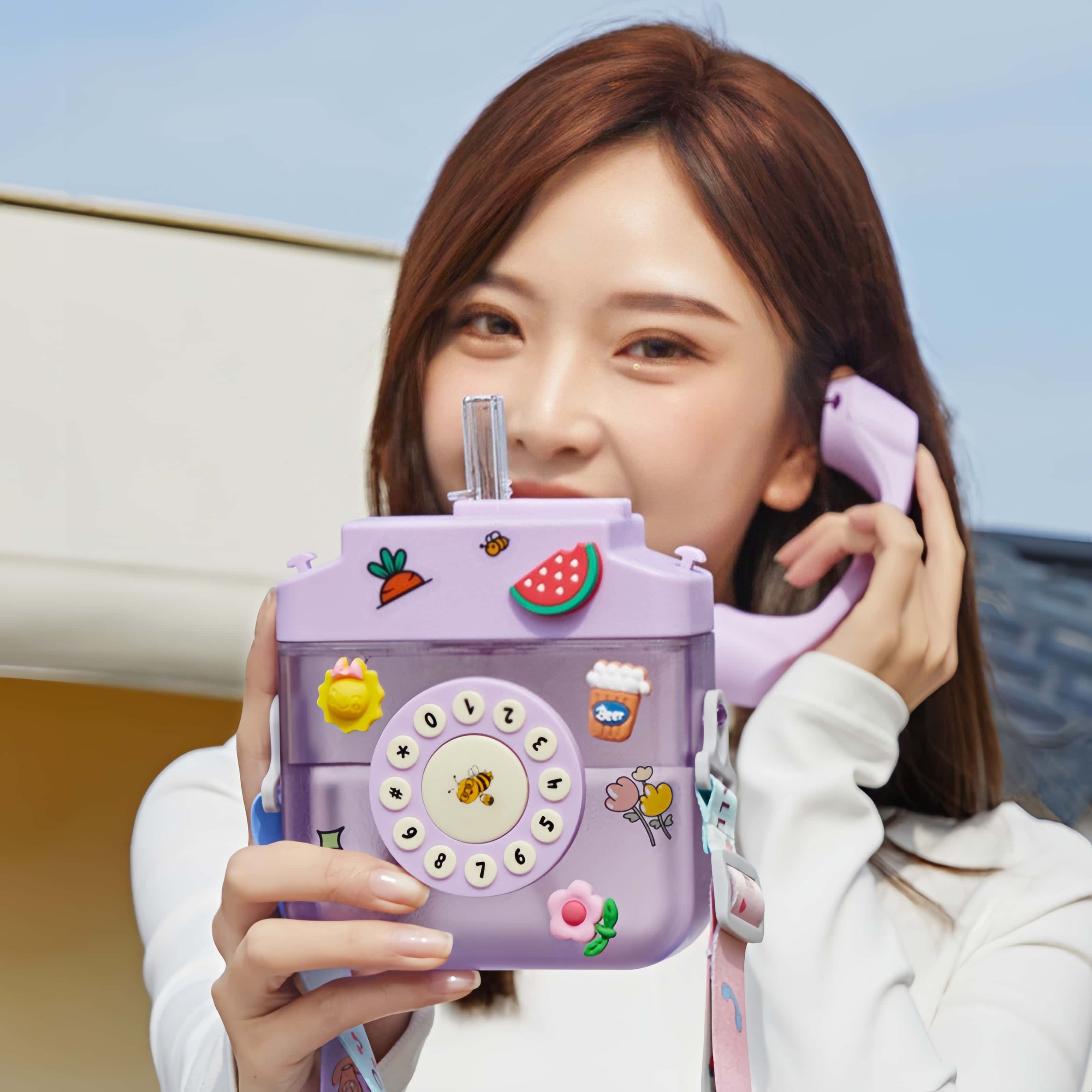 New style Cute Creative Telephone Plastic Mug Slanting Carrying Strap kids water bottle