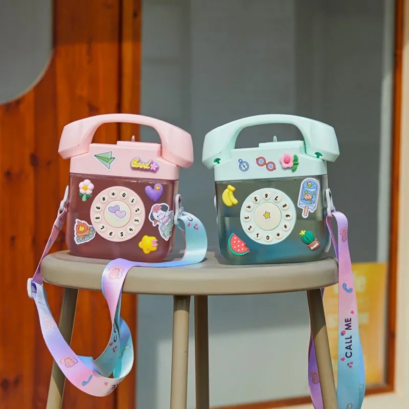 New style Cute Creative Telephone Plastic Mug Slanting Carrying Strap kids water bottle