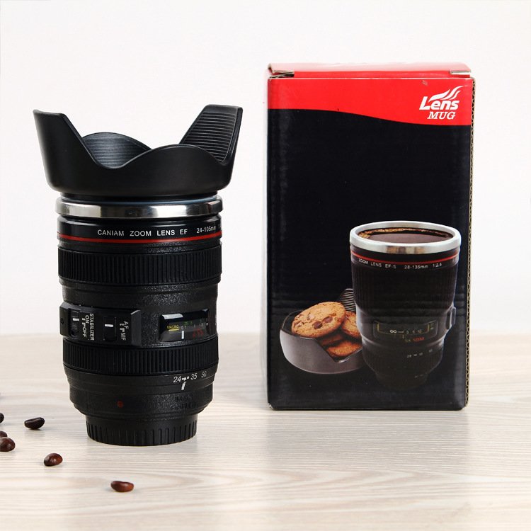 Wholesale 400ml Stainless Steel Travel Coffee Cup BPA-Free Thermal Vacuum Camera Lens Mug with Silicone Lid