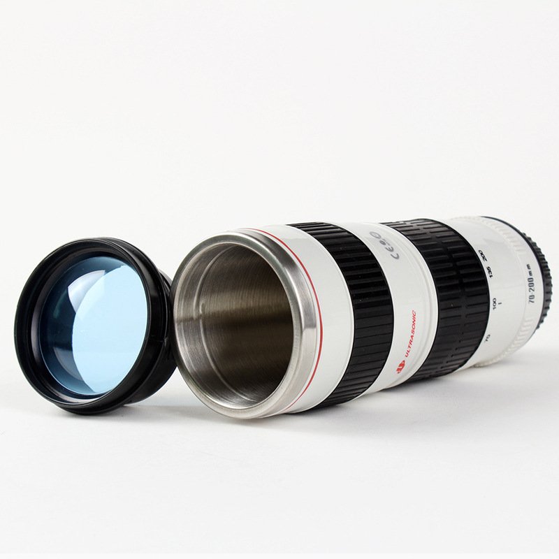 Wholesale 400ml Stainless Steel Travel Coffee Cup BPA-Free Thermal Vacuum Camera Lens Mug with Silicone Lid