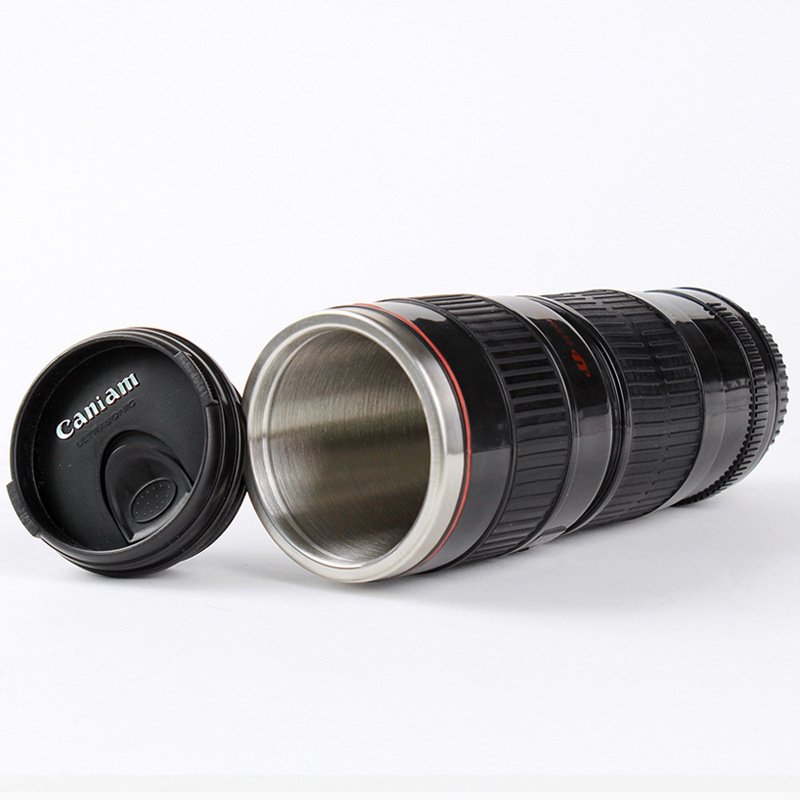 Wholesale 400ml Stainless Steel Travel Coffee Cup BPA-Free Thermal Vacuum Camera Lens Mug with Silicone Lid