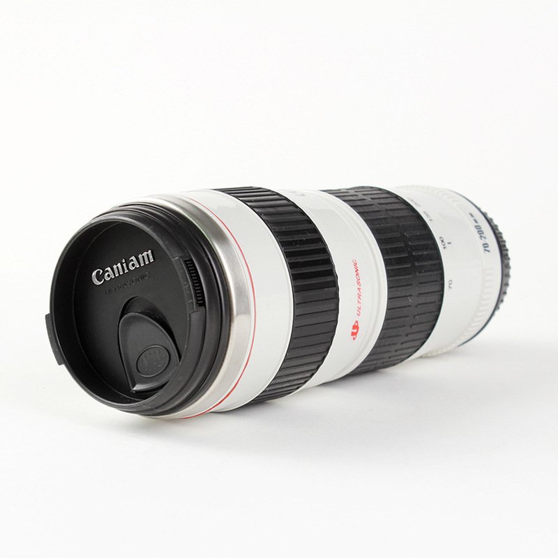 Wholesale 400ml Stainless Steel Travel Coffee Cup BPA-Free Thermal Vacuum Camera Lens Mug with Silicone Lid