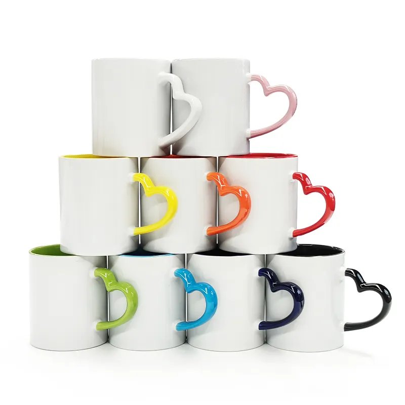 Popular Top Quality 11 oz Ceramic Milk Cup Sublimation Color Printing Coffee Mugs With Heart Handle