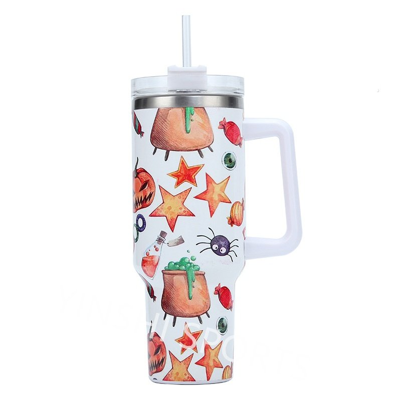 Custom Halloween Christmas Stainless Steel 3d Uv Printed Spooky Pumpkin 40oz Cups Tumbler Mug With Handle And Straw Lid