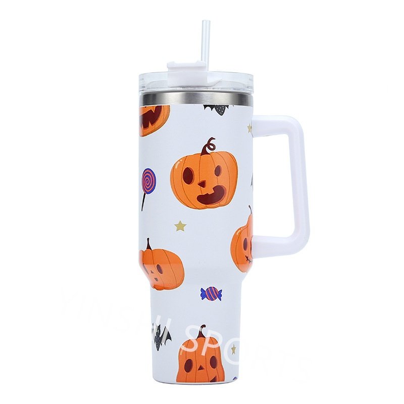 Custom Halloween Christmas Stainless Steel 3d Uv Printed Spooky Pumpkin 40oz Cups Tumbler Mug With Handle And Straw Lid