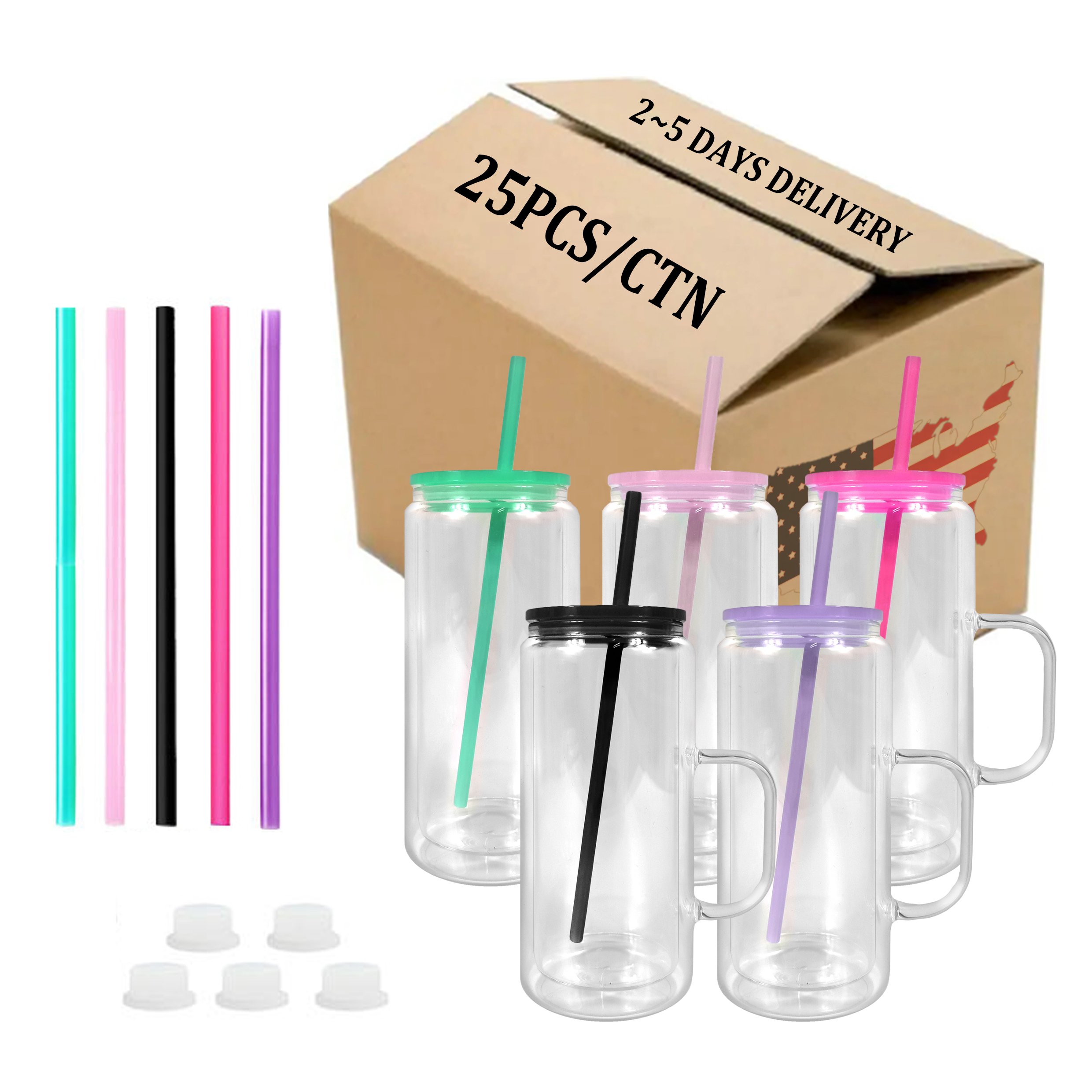us warehouse 16oz handle snow globe glass cup 16oz sublimation double wall coffee mug cup with colored lids and straws