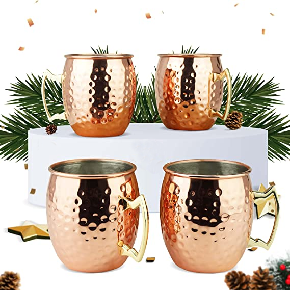 Hot Sell Stainless Steel 16Oz Moscow 100% Solid Plated Drinking Hammered Cup Coffee Beer Mule Copper Mug Set