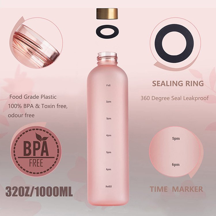 Reusable Leakproof BPA Free 1L Motivational Frosted Sports Water Bottle Portable Plastic 1 Litre Bottles With Time Marker